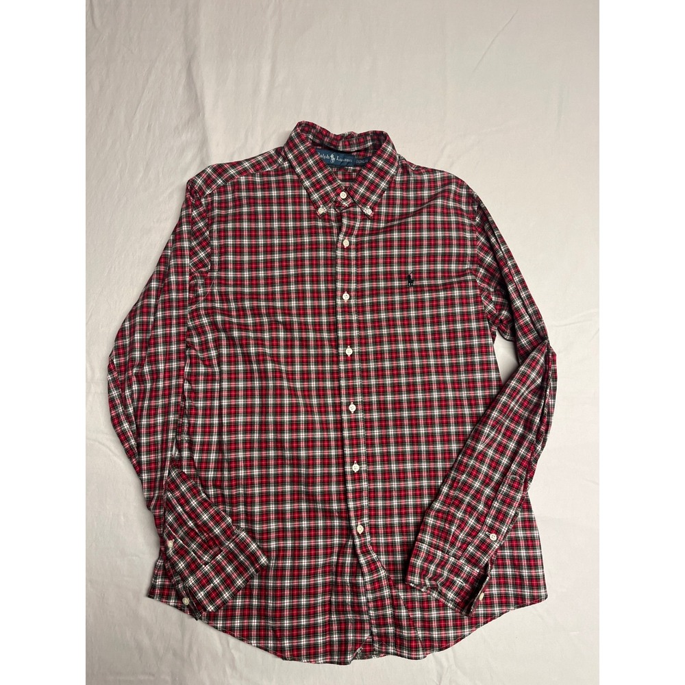 Ralph Lauren Mens Custom Fit Plaid Button Down Shirt Red White Black Large L/G